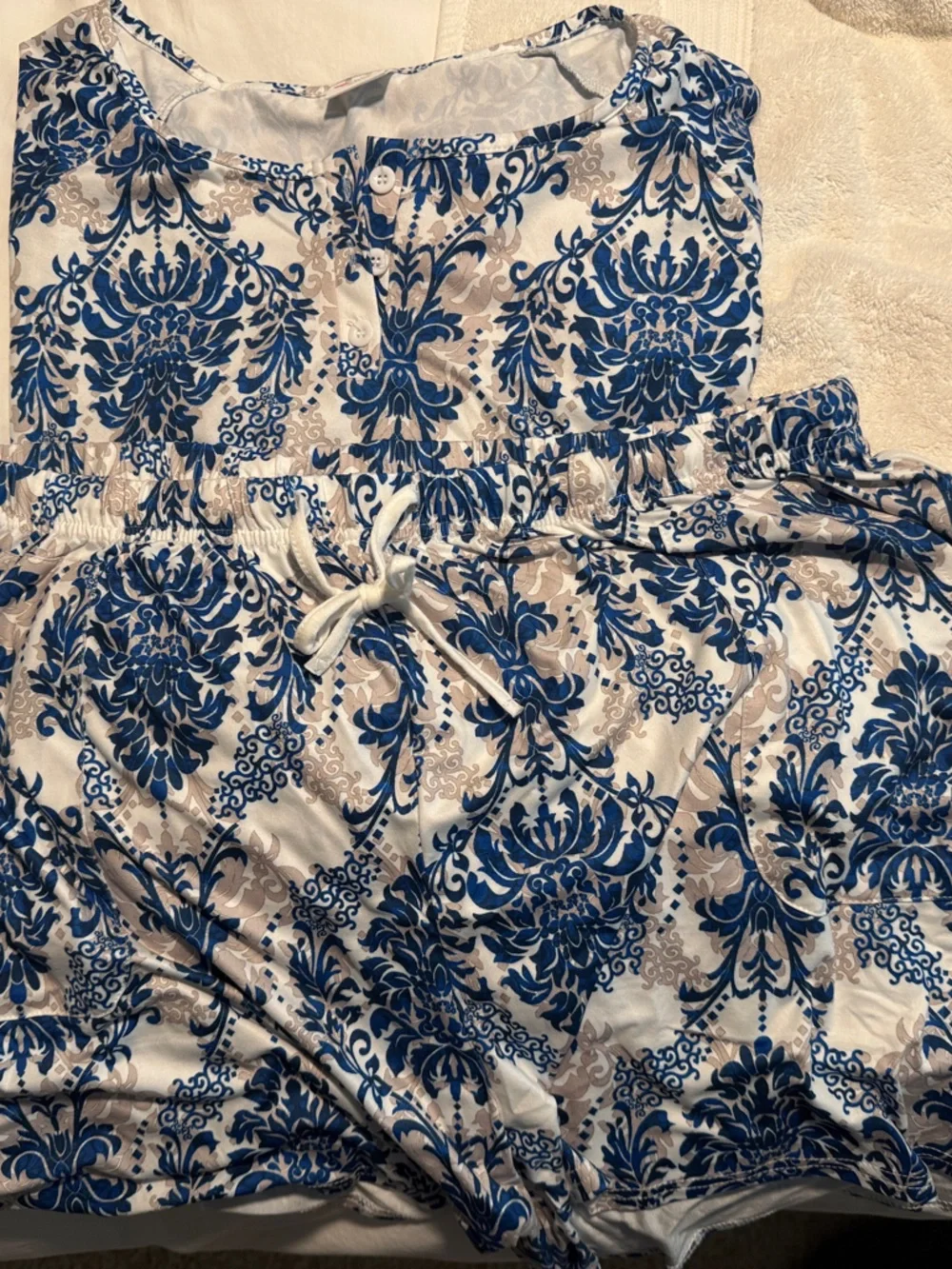 Blue, White and Beige Floral Print Matching Set Short Sleeve Top and Shorts XXL